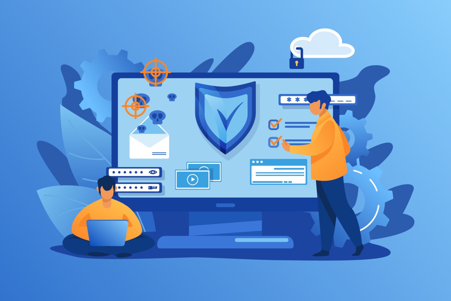 Personal digital security. Defence, protection from hackers, scammers flat vector illustration. Data breaches, data leakage prevention concept for banner, website design or landing web page Personal digital security