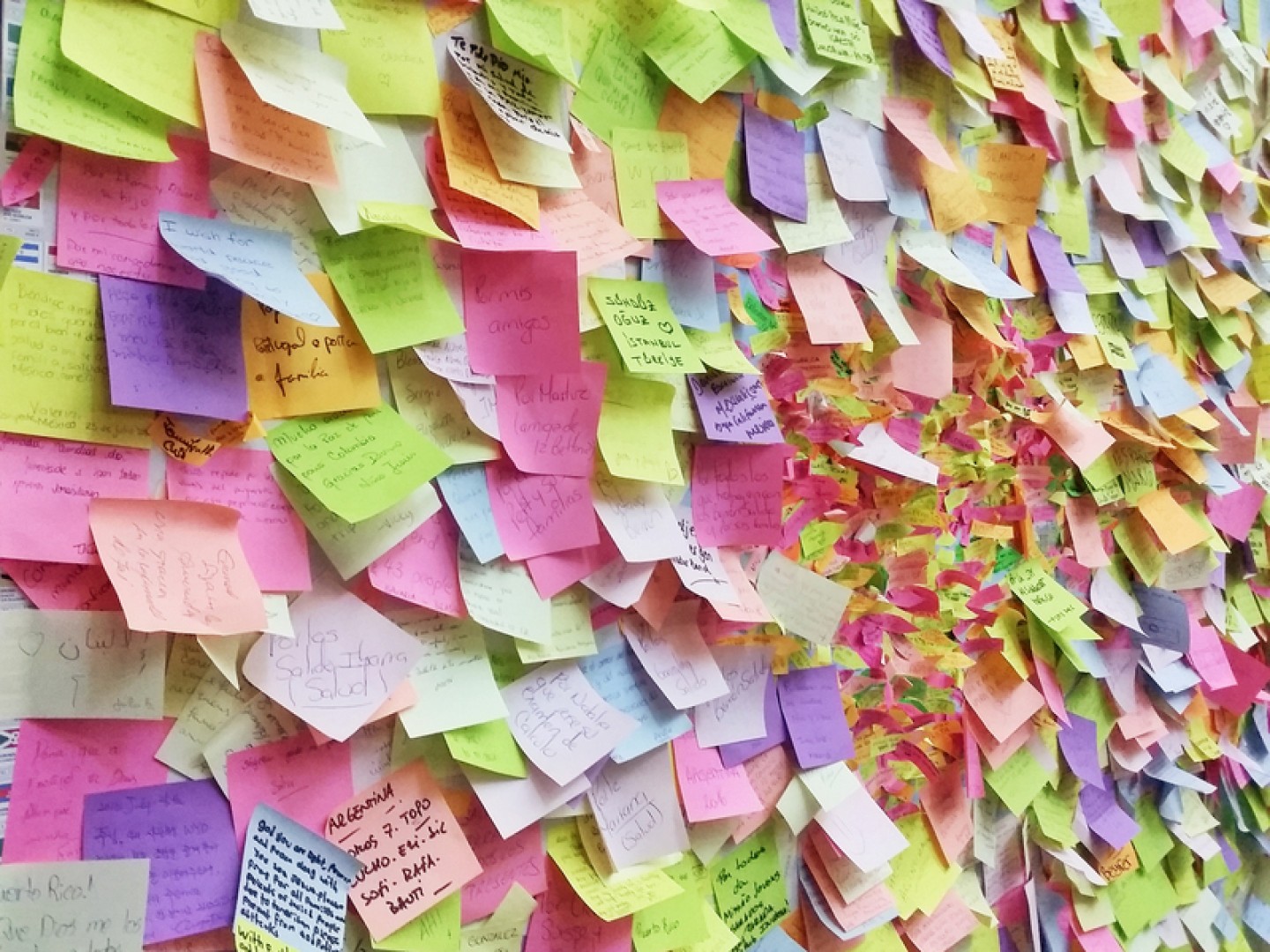Wall full of multi colored adhesive papers, Prague